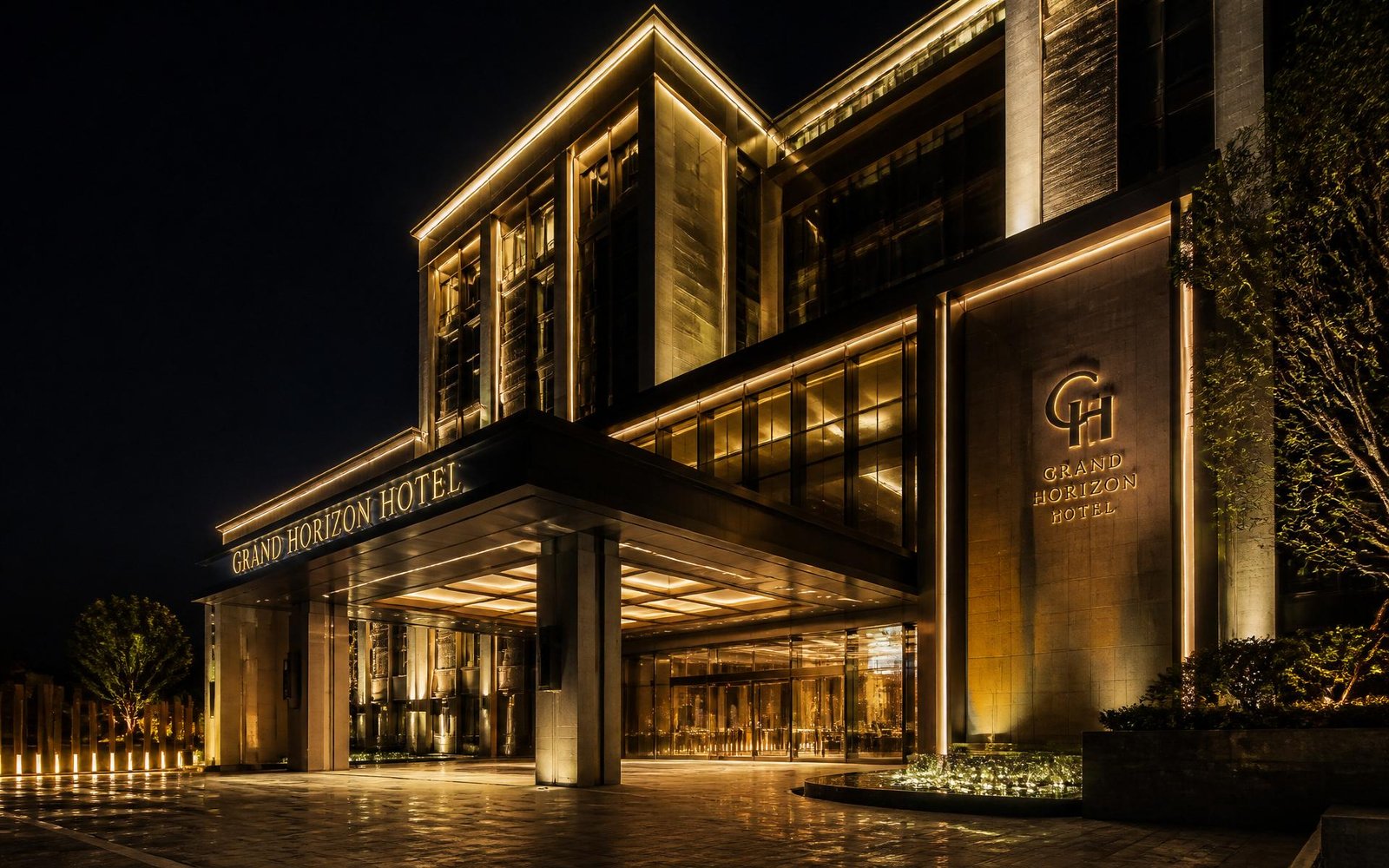 Illuminated modern hotel facade at night